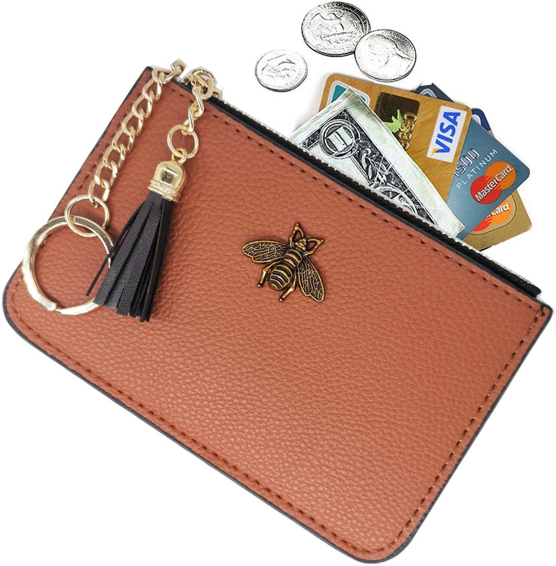 Women's Coin Purse Change Wallet Pouch Leather Card Holder with Key Chain Tassel Zip (CH Brown)