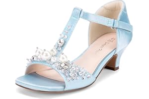 DREAM PAIRS Girls Sandals Ankle Strap T-Strap Low Heel Pearl Bow Flower Pump Dress Wedding Party Shoes for Little Kid/Big Kid