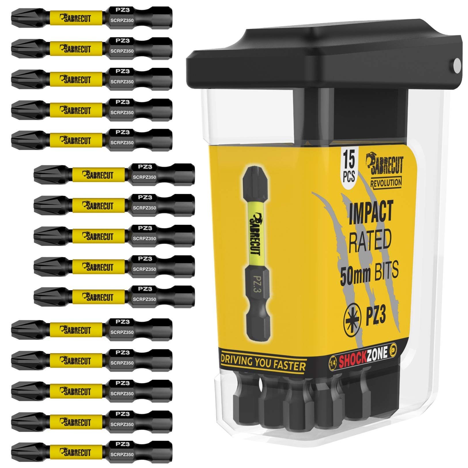 15 x SabreCut SCRPZ35015B 50mm PZ3 Magnetic Impact Screwdriver Driver Bits Set in a TIC TAC Box Single Ended Pozi Pozidriv Heavy Duty
