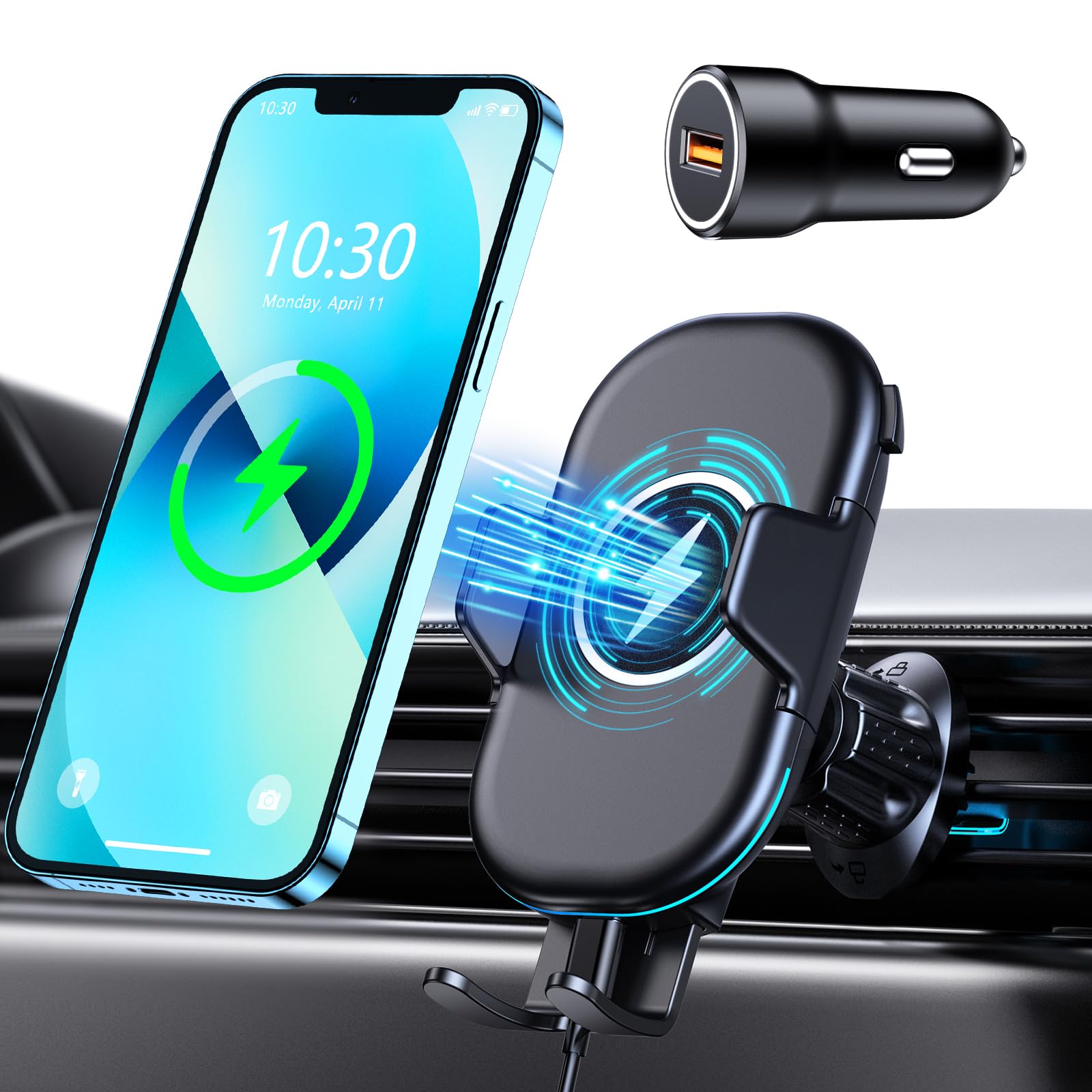 Mohard Wireless Car Charger Mount with QC 3.0 Charger Adapter, Max 15W Qi Fast Charging Car Mount, 360° Rotation Air Vent Car Phone Holder Compatible with iPhone 14 Pro Max/13/12, Galaxy S22 Ultra/S21