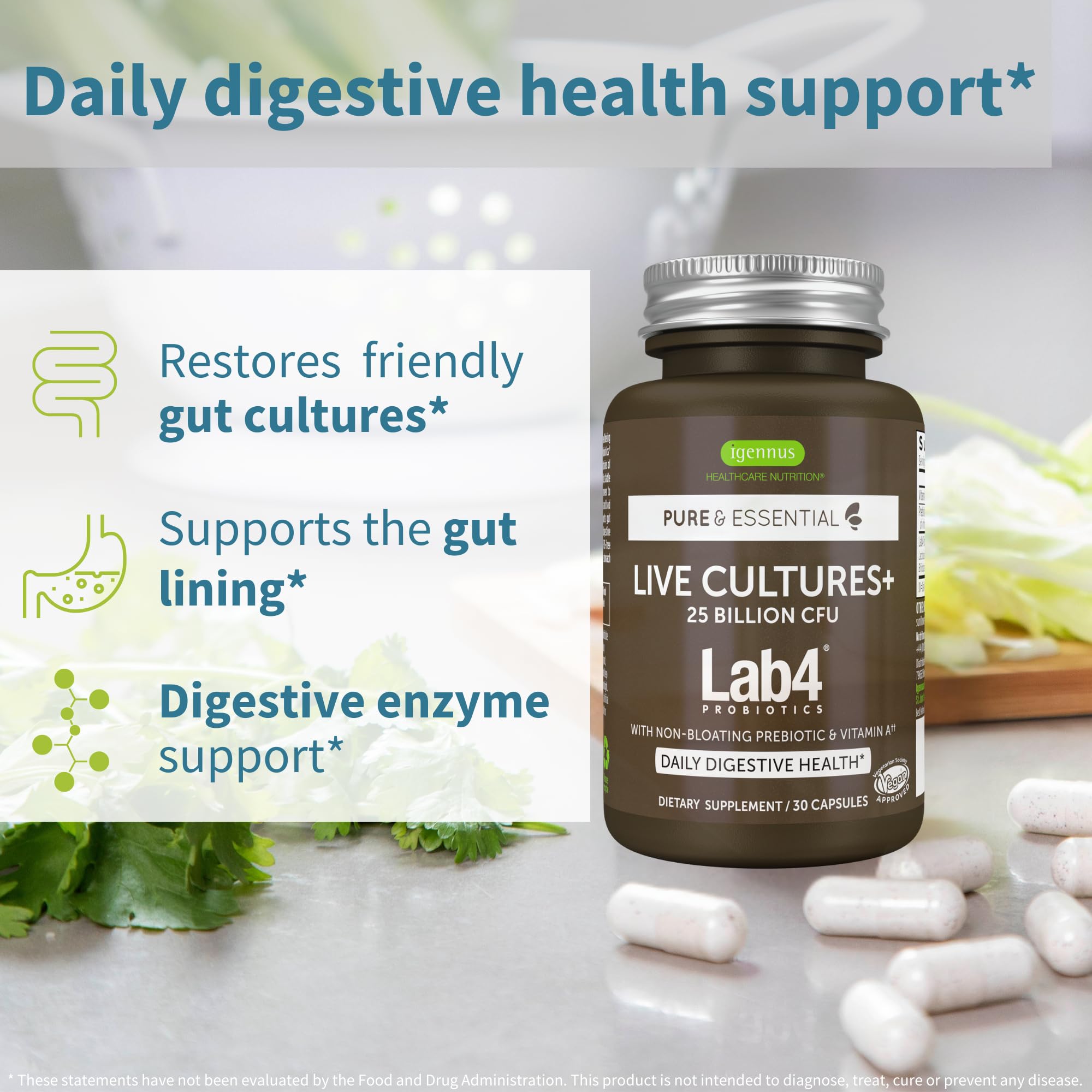 Igennus Probiotics & Prebiotic, Lactobacillus Acidophilus & Bifidobacterium, Gut Health Support, Live Cultures+ Lab4, Guaranteed 25 Billion CFU, for Women & Men, Non-Bloating, Non-GMO, 30 Capsules