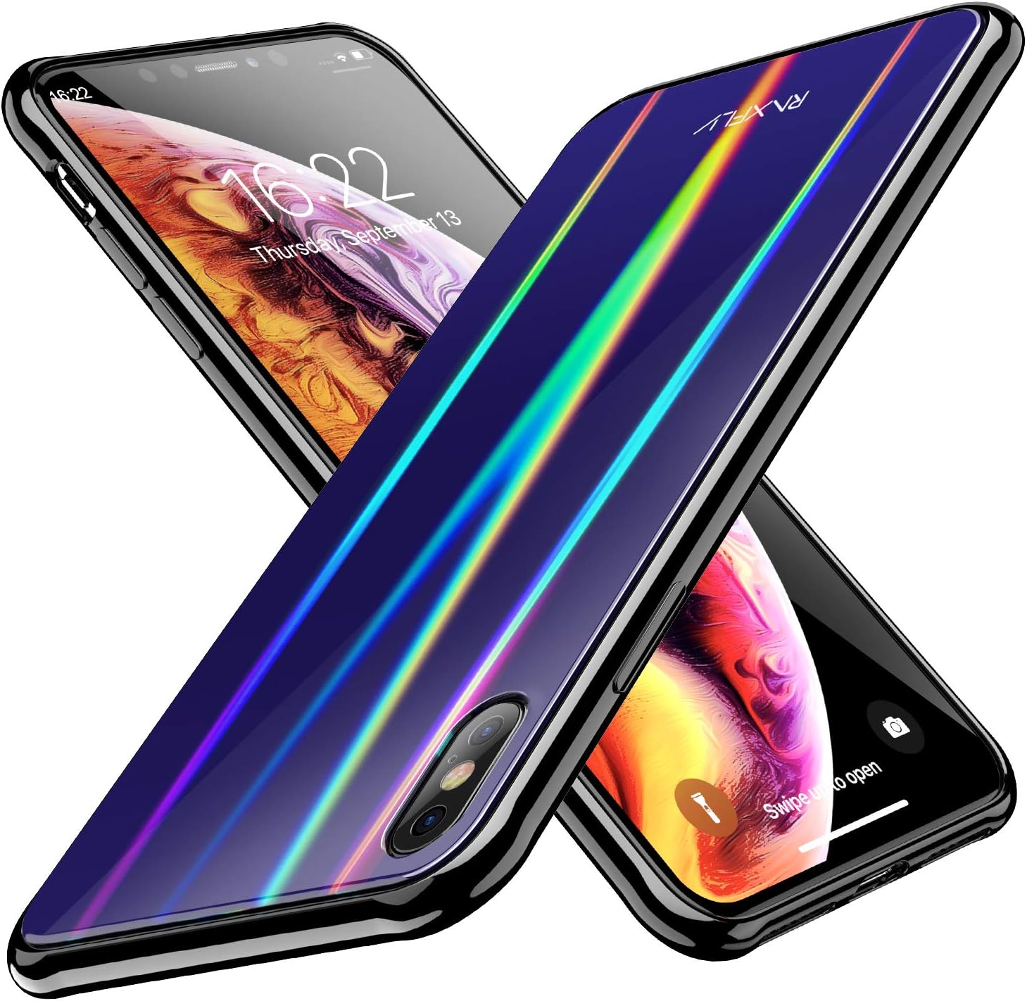 RAXFLY Phone Case Compatible Fit New iPhone Xs Max 6.5 Stylish Shell Colorful Aurora Gradient Change Purple Protect Case Ultra Thin Silicone & Reinforced 9H Tempered Glass Glitter Back Cover