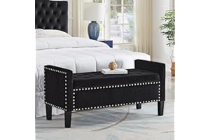 24KF Velvet Modern Upholstered Tufted Button Storage Bench with Arms for Bedroom,Entryway Living Room Soft Padded Seat-Black
