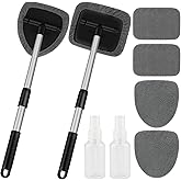 Windshield Cleaner Tool, Car Interior Window Cleaning Tool, Car Wash kit with 4 Reusable Microfiber Pads, 2 Extendable Handle and 2 Spray Bottles, Glass Wiper Kit for Windshield, Home Windows