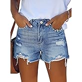 Pink Queen Women's High Waisted Denim Shorts Casual Ripped Summer Hot Short Jeans Frayed Distressed Jeans Shorts with Pockets