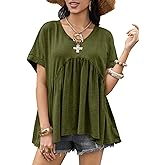 Cicy Bell Womens Summer Peplum Tops Oversized Babydoll Short Sleeve V Neck T Shirts Casual Loose Pleated Swing Blouse