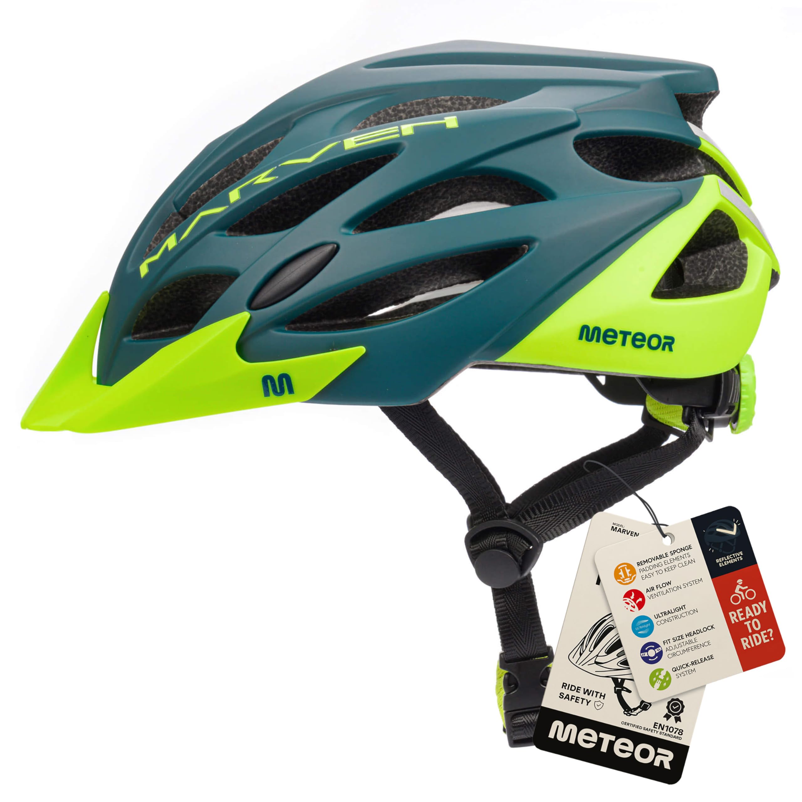 Meteor - MARVEN Cycle Helmet – Lightweight Adjustable Helmet for Men, Women, Kids – MTB, Bike, Scooter, Skateboard & Hoverboard – Breathable with Detachable Visor - Size S - Blue/Green