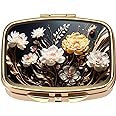 Dynippy Pill Case Pill Box with Mirror Retro Pocket 2 Compartment Medicine Case Vitamin Pill Organizer for Pocket Purse and Travel (Gold- Flower 1)