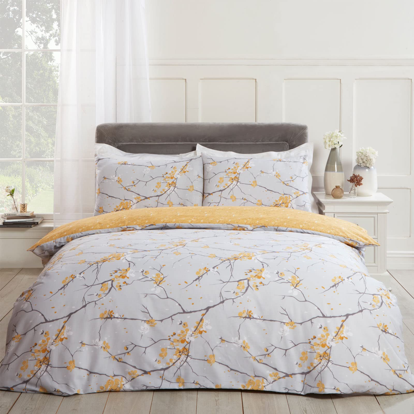 Dreamscene Double Duvet Set Spring Blossom Bedding, Super Soft Cosy Warm Polycotton Double Bedding Reversible Luxury Quilt Cover Set with Pillowcases, Ochre Yellow Mustard Grey