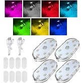 KVAEY 4 PCS Car LED Lights Interior Wireless, 7 Colors Magnetic Auto Ambient Light with 6 Bright LED Lamp Beads, Portable USB Rechargeable Vehicle Interior Led Night Light (Colorful, Sticky, 4pcs)
