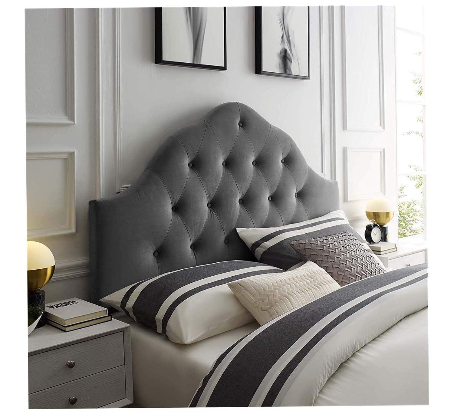 Wood & Style Sovereign Twin Diamond Tufted Performance Velvet Headboard, Gray Comfy Living Home Décor Furniture Heavy Duty