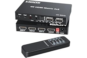 4x2 HDMI Matrix Switch Splitter - HDR 4K@60Hz 4 in 2 Out With IR Remote, Optical Toslink + 3.5mm L/R Audio Output, Support UH