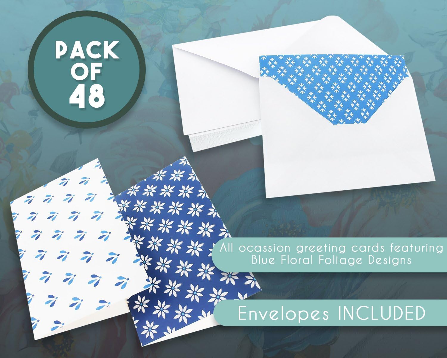 48 Pack All Occasion Assorted Blank Note Cards Greeting Card Bulk Box Set - Shades of Blue Floral Foliage Designs - Notecards with Envelopes Included 4 x 6 inches : Office Products