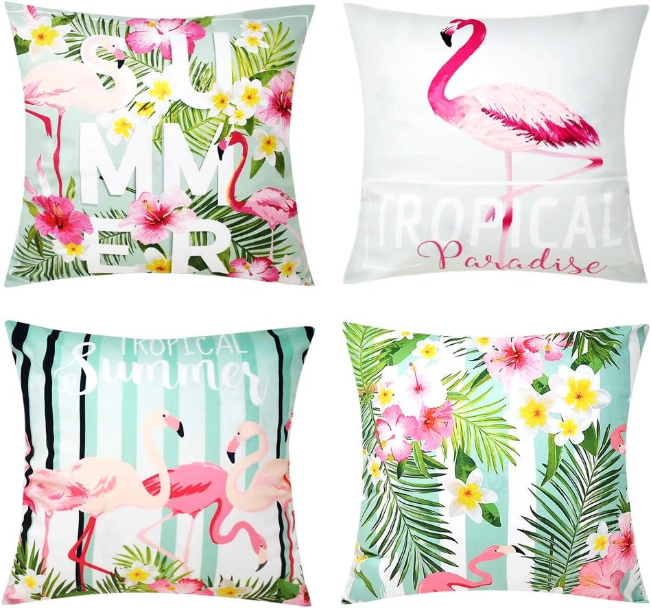 Outdoor Flamingo Decor Pillow Covers Tropical Floral Couch Throw Pillows Decorative Flowers Leaves Summer Velvet Quote Cushions Home Decor 18x18 Set of 4 for Patio Furniture Sofa Bedding