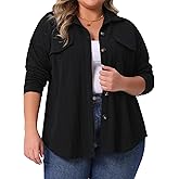 Agnes Orinda Plus Size Knit Shacket Jacket for Women Casual Long Sleeve Lapel Button Down Shirts Dressy Blouses Tops