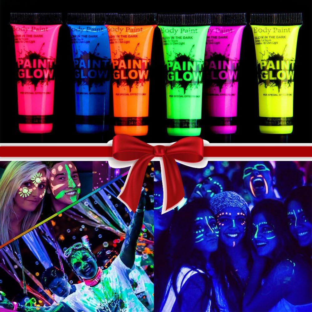 Tobnbo Glow Paint Glow in the Dark Body Paint Body&Face Glow Backlight Rave Festival Party,night entertainment venue,Neon Fluorescent Kit 0.35oz Set of 6 Tubes (6 Color) …