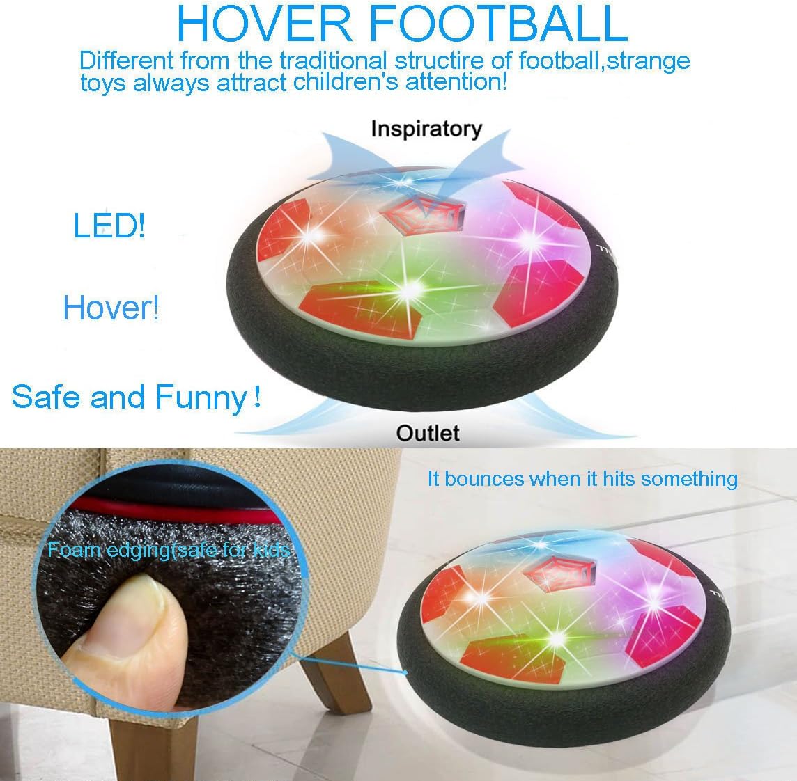 JRD&BS WINL Kids Toys Air Power Ball with Powerful LED Light for Family Activity 3-12 Old Girls Boys Air Soccer with LED Light for Indoor Game (Red Black) - Image 4