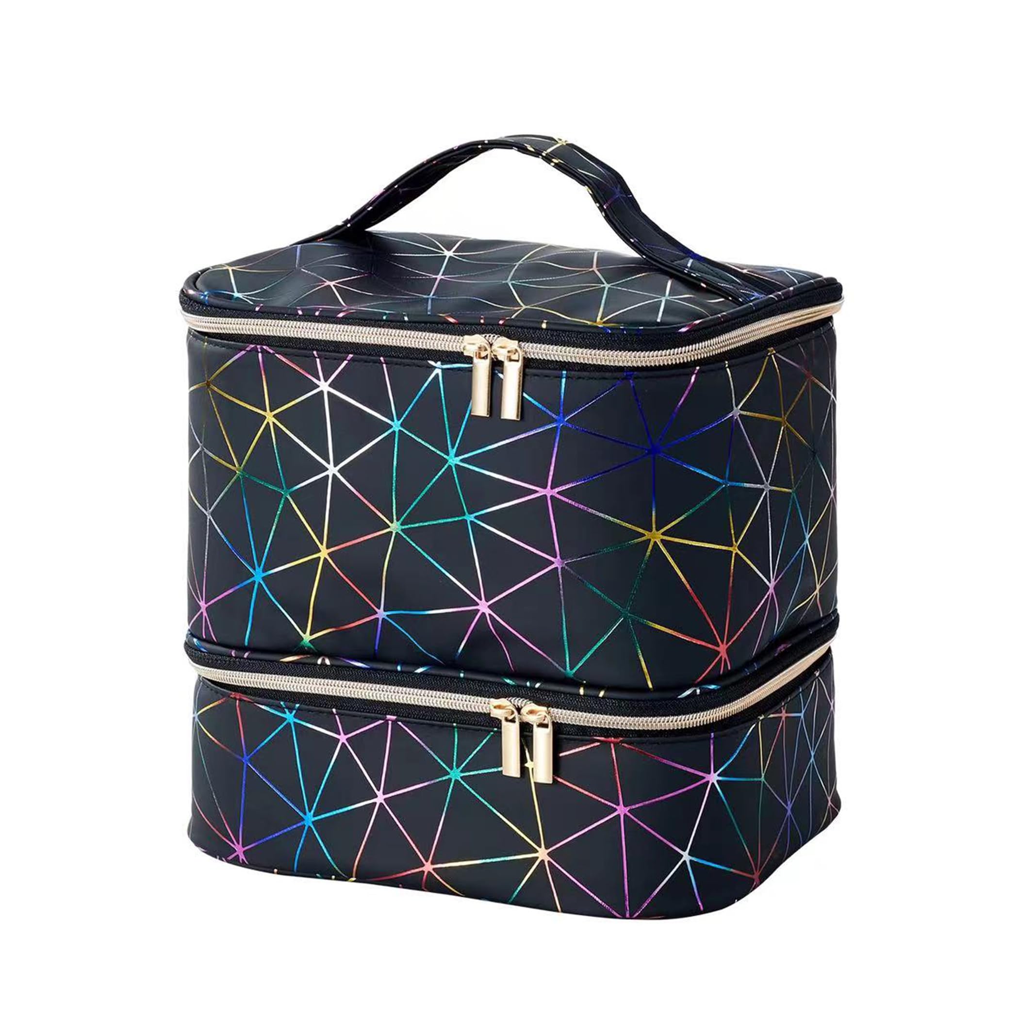 AMOYUN Black Large Makeup Bag, Nail Polish Organiser-Holds 30 Bottles Double-Layer Travel Storage Bags Waterproof PU Cosmetic Bag with Adjustable Dividers for Manicure Tools Storage