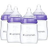 Lansinoh Anti-Colic Baby Bottles for Breastfeeding Babies, 5 Ounces, 4 Count, Includes 4 Slow Flow Nipples, Size S