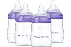 Lansinoh Anti-Colic Baby Bottles for Breastfeeding Babies, 5 Ounces, 4 Count, Includes 4 Slow Flow Nipples, Size S