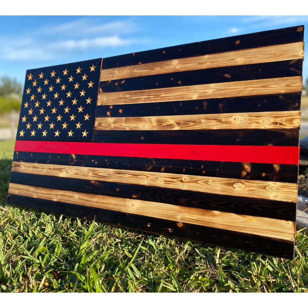 Personalized Thin Red Line Wooden American Flag, Indoor, Outdoor Wood Wall Art, Firefighters Gift, Wall Decor, Explore Options!