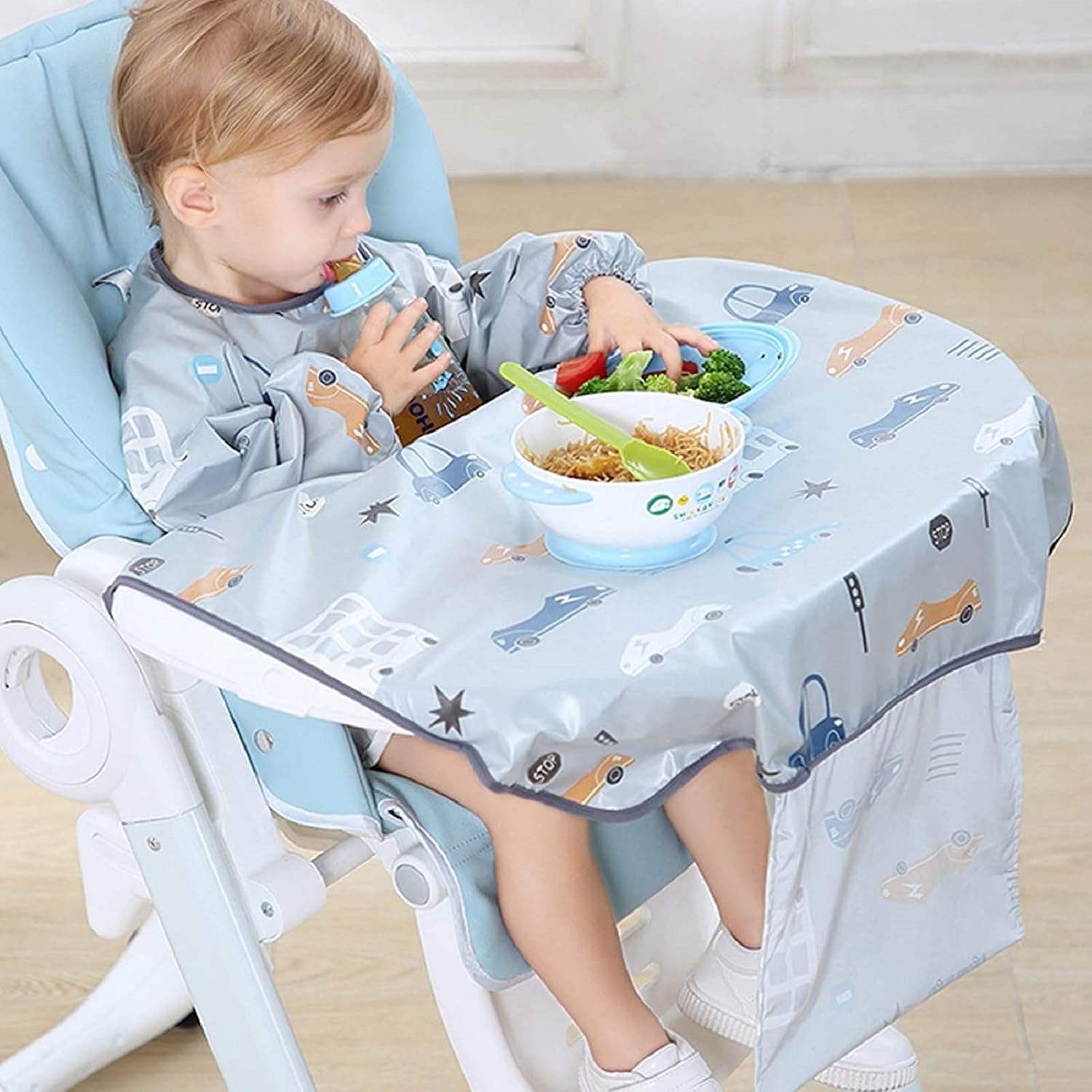PewinGo Weaning Bib Attaches and Fully Cover to Baby Highchair, Long Sleeves Bib with Waterproof