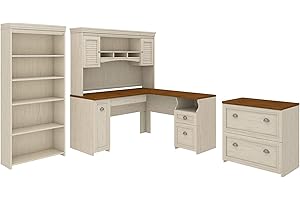BUSH HOME Bush Furniture L Shaped Desk with Hutch, 5 Shelf Bookcase and Lateral File Cabinet | Fairview Collection Corner Computer Table with Bookshelf and Storage | 60Wx60Dx69H
