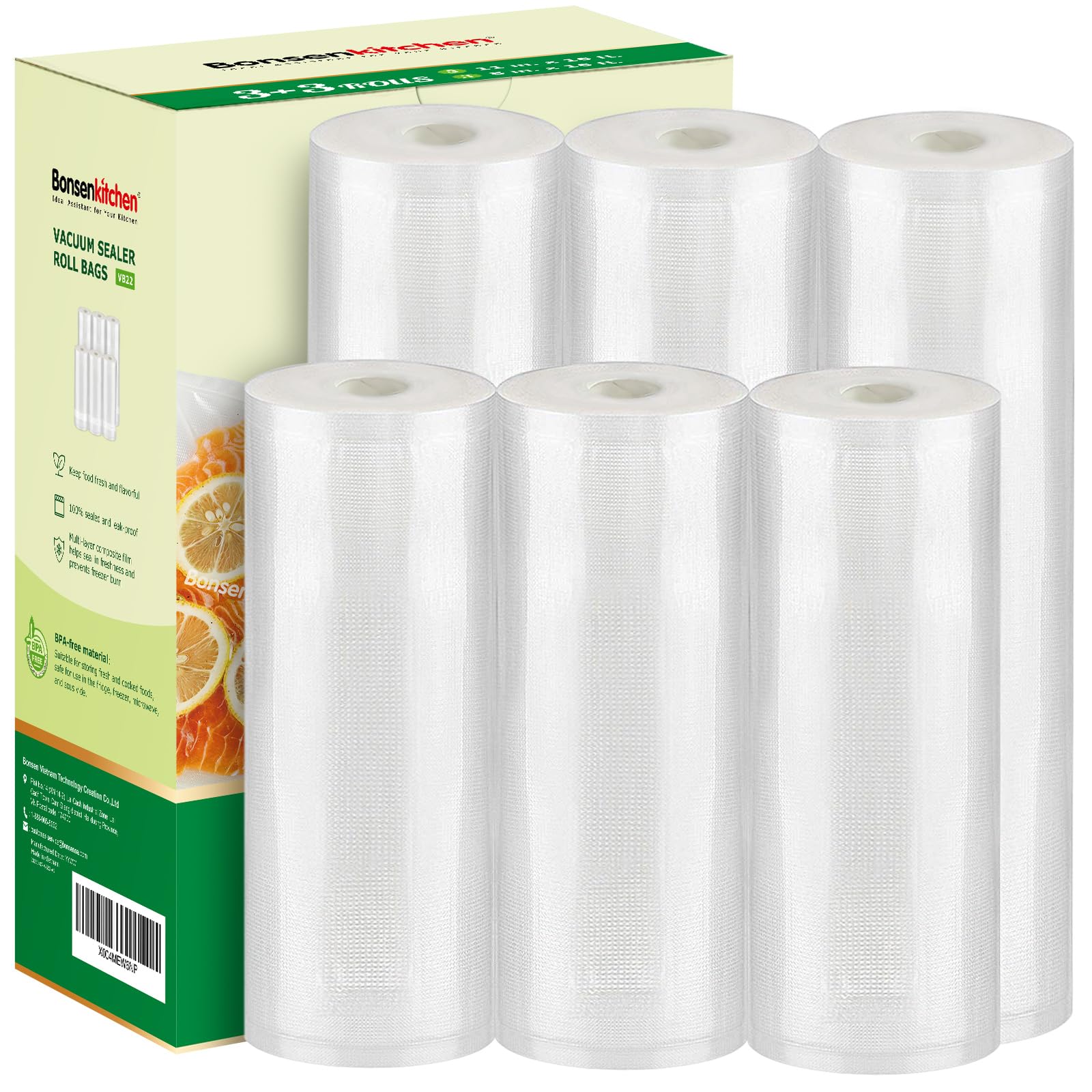 Photo 1 of [2025 Upgraded] Bonsenkitchen 3 Rolls 11" x 16' + 3 Rolls 8" x 16' Vacuum Sealer Bags for Food with a Color Box, Easy to Store, Commercial Grade, BPA Free, Great for Food Storage or Sous Vide, VB22