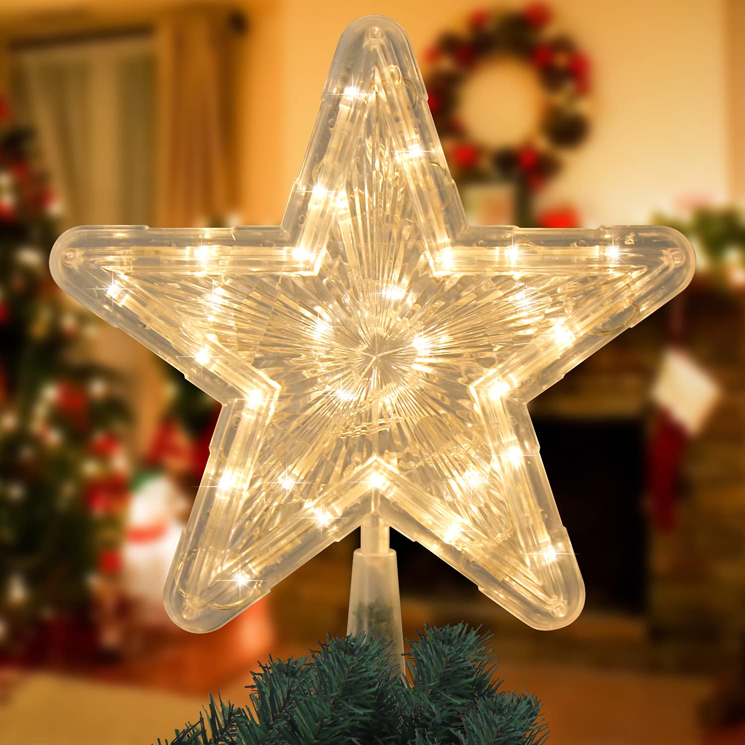 VEYLIN Christmas Tree Topper, Gold Glittered Hollow Christmas Tree Topper Star for Christmas Tree