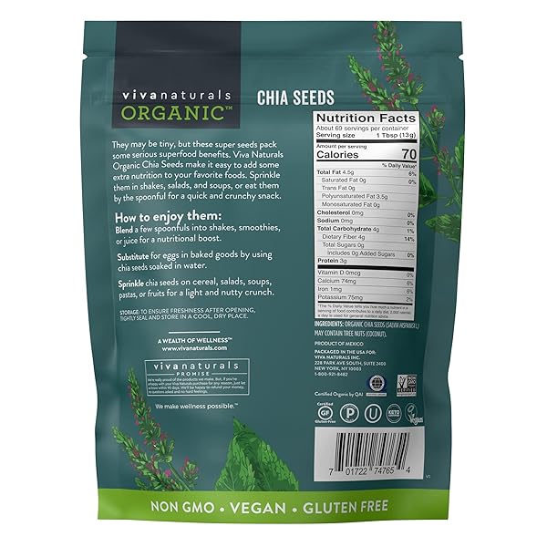 VIVA NATURALS ORGANIC CHIA SEEDS, 2 LB, 32 OZ – PLANT-BASED OMEGA-3 AND VEGAN PROTEIN, GLUTEN FREE & NON-GMO, PERFECT FOR SMOOTHIES, SALADS & CHIA PUDDING
