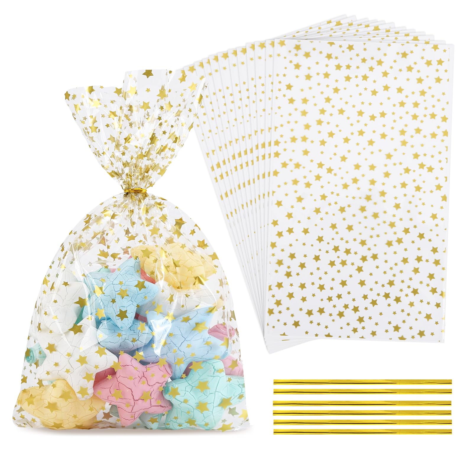 Photo 1 of LEOSINDA 100 Pcs Cellophane Treat Bags,7 X 12 Inches Gold Star Printed Clear Cellophane Bags,100 Twist Ties,for Gift Wrapping,Packaging Candies,Dessert,Bakery, Cookies, Chocolate,Party Favor?Gold?