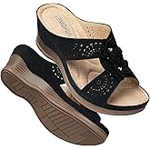 TEMOFON Womens Wedge Sandals Leather: Dressy Sandal, Rubber Sole, Comfortable Walking, Casual Slip on Summer Shoes, Size 5-11