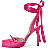 Vertundy Women's Satin Ballet Heels Lace Up Square Toe Stiletto High Bow Ballerina Heels
