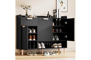 Cozy Castle Shoe Cabinet with Doors & Drawer, 4-Tier Shoe Organizer Cabinet with Adjustable Shelves, Freestanding Wood Storage Rack for Entryway Hallway, Living Room, Black