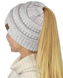 C.C BeanieTail Soft Stretch Cable Knit Messy High