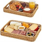 Rattan Serving Trays with Handles, 2 Pack Wicker Basket Storage Tray Set, Decorative Woven Organizer Trays for Coffee Table, Rectangle Rustic Snack Tray for Bread, Fruit, Kitchen