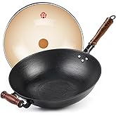 WANGYUANJI Cast Iron Wok,13.4 inch Flat Bottom Wok with Glass Lid,Suitable for All Cooktops, Uncoated Craft Pot Healthy Cooking Pot