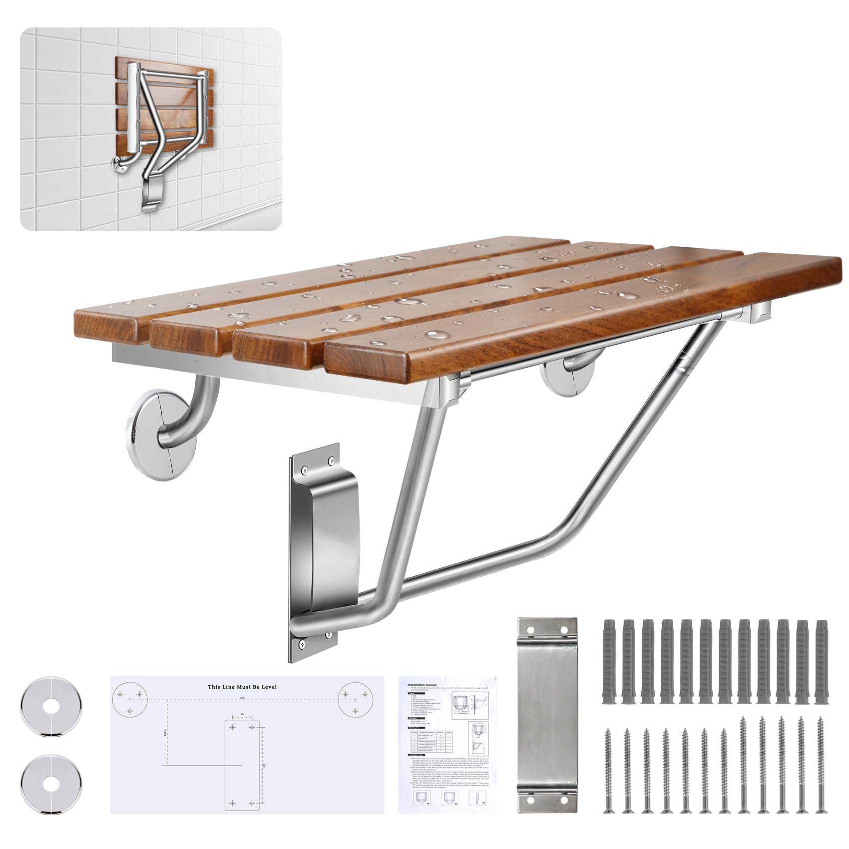 View 1 of ??????? 18 Inch Folding Shower Seat Wall Mounted, Teak Wood Shower Seat with Stainless Steel Bracket & Finish Cap, 420lb Capacity, for Elderly, Disabled, Pregnant Women, Kids