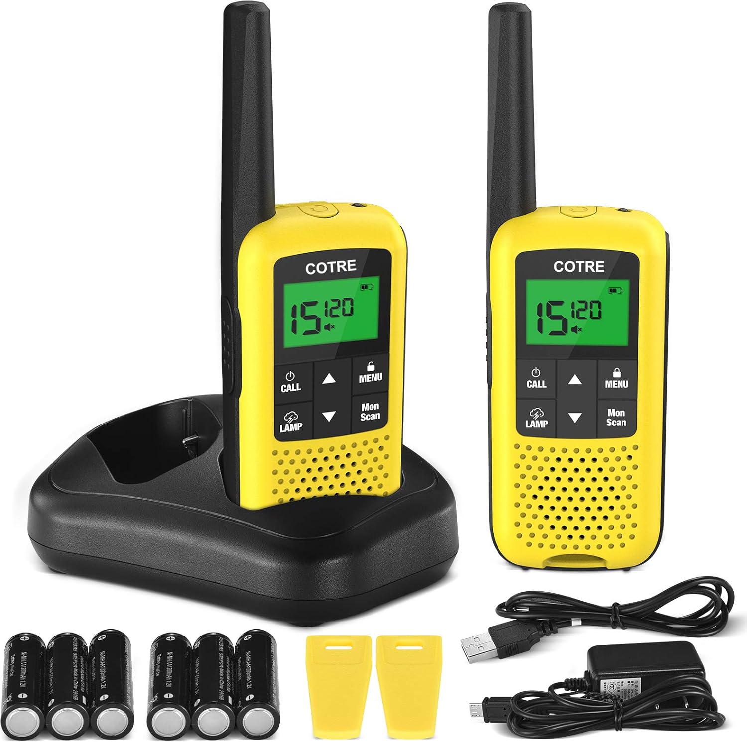 Walkie Talkies - COTRE Two Way Radios, Up to 32 Miles Long Range USB Rechargeable Walkie Talkies w/ 2662 Channels, NOAA & Weather Alerts, VOX Scan, LED Lamplight for Outdoor Activities, Yellow(2 Pack)