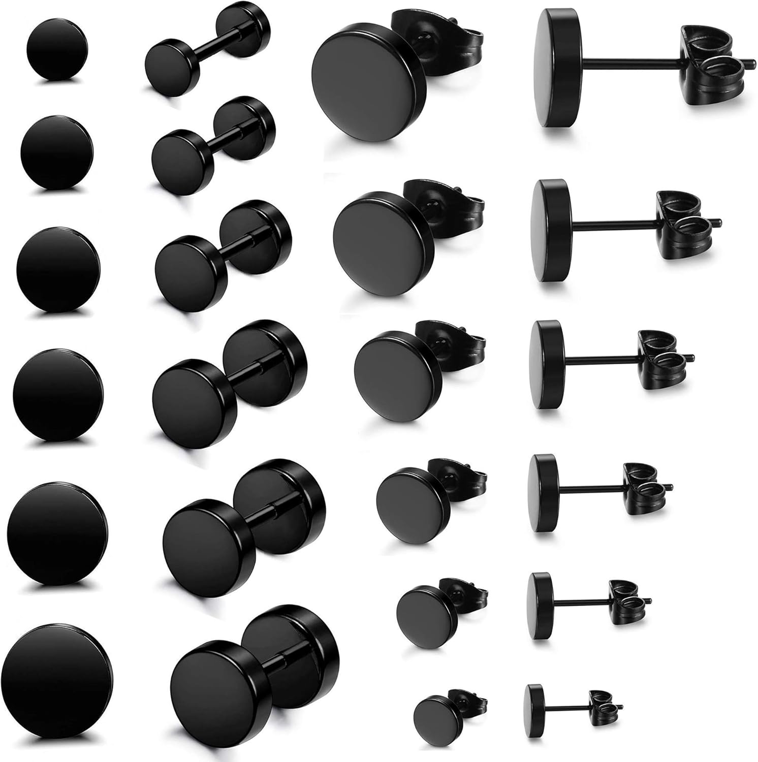 FIBO STEEL 12 Pairs Black Stud Earrings for Men Women
