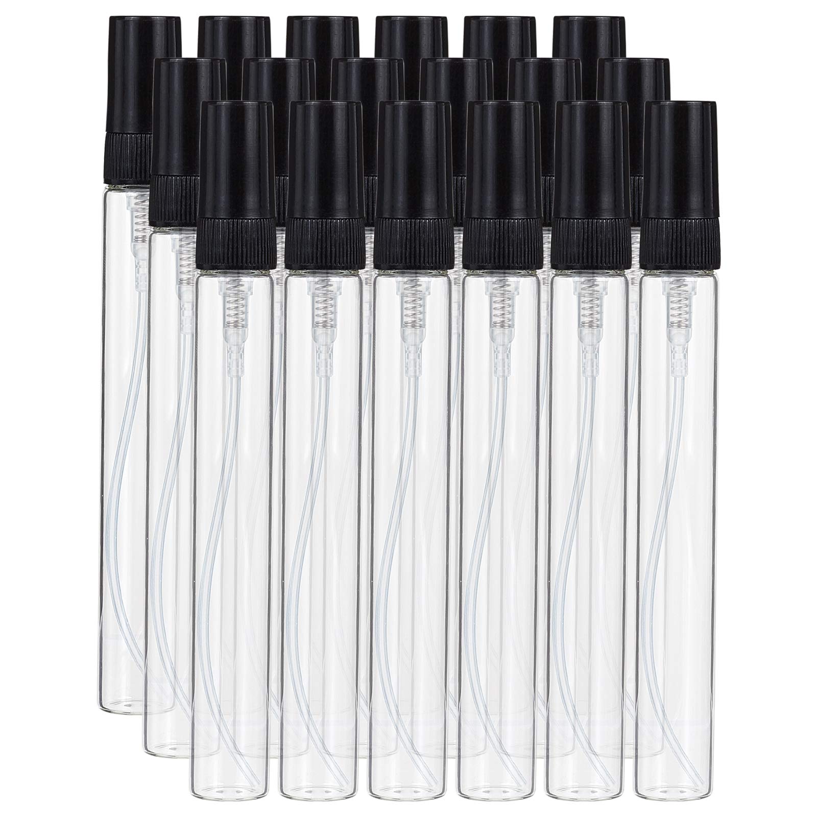 BENECREAT 25PCS 10ml Mini Fine Mist Spray Bottle Transparent Glass Travel Empty Atomiser Spray Bottles with Black Pump Lid for Perfume, Toiletries Liquid, Cosmetic