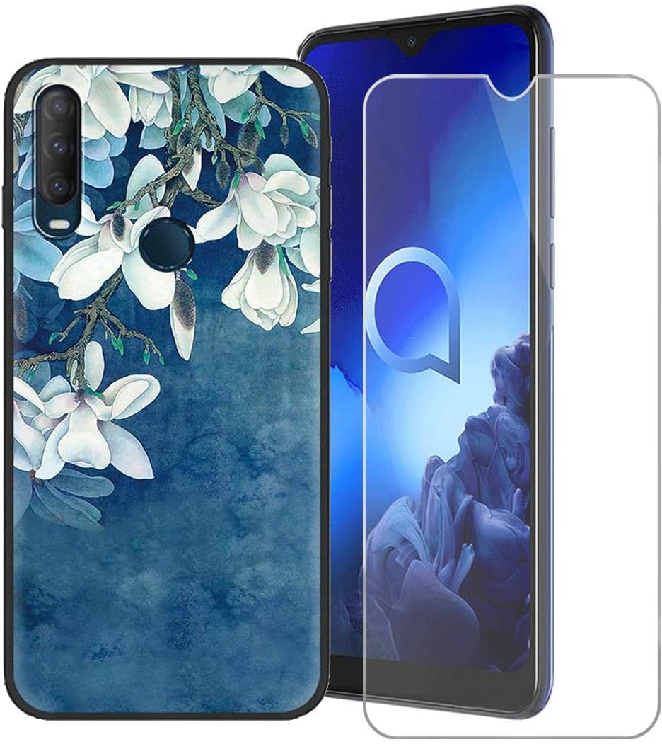 Case for Alcatel 1S 2020 Cover + Screen Protector Tempered Glass Protective Film - YZKJ Flexible Soft Gel Black TPU Silicone Protection Case for Alcatel 1S 2020 (6.22") - LLM40