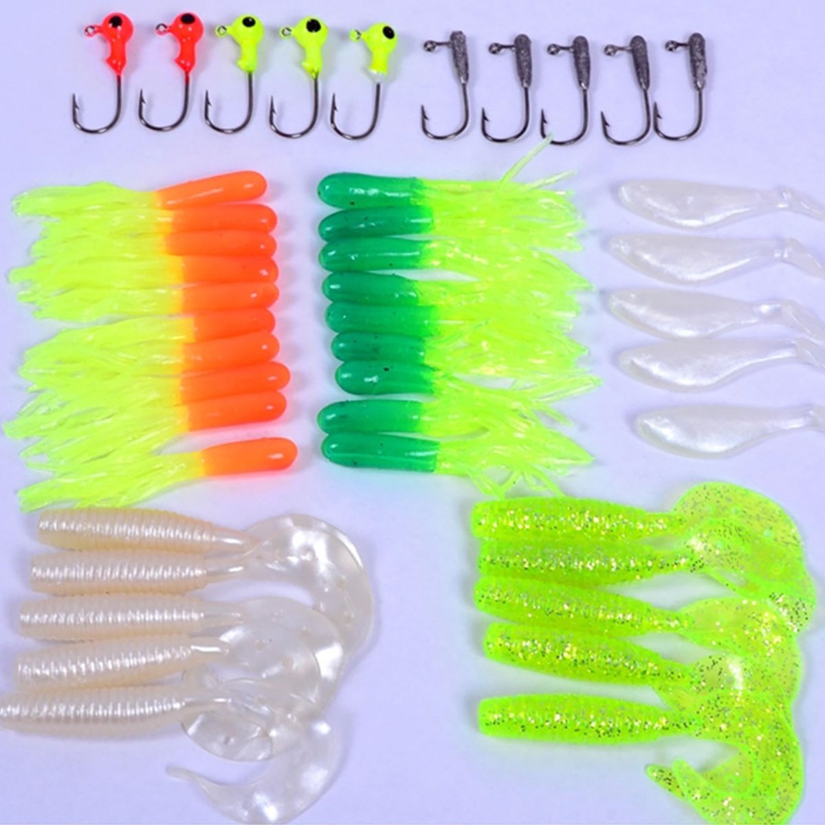 LONGQI 35 Pcs gummiködern und 100 Führen Kopf lureshooks Angelköder Set