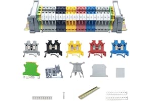 Erayco DIN Rail Terminal Block Kit 20 UK2.5B 12 AWG Gauge Terminal Blocks 20A 600V Ground Blocks Fixed Bridge Jumpers End Covers End Brackets