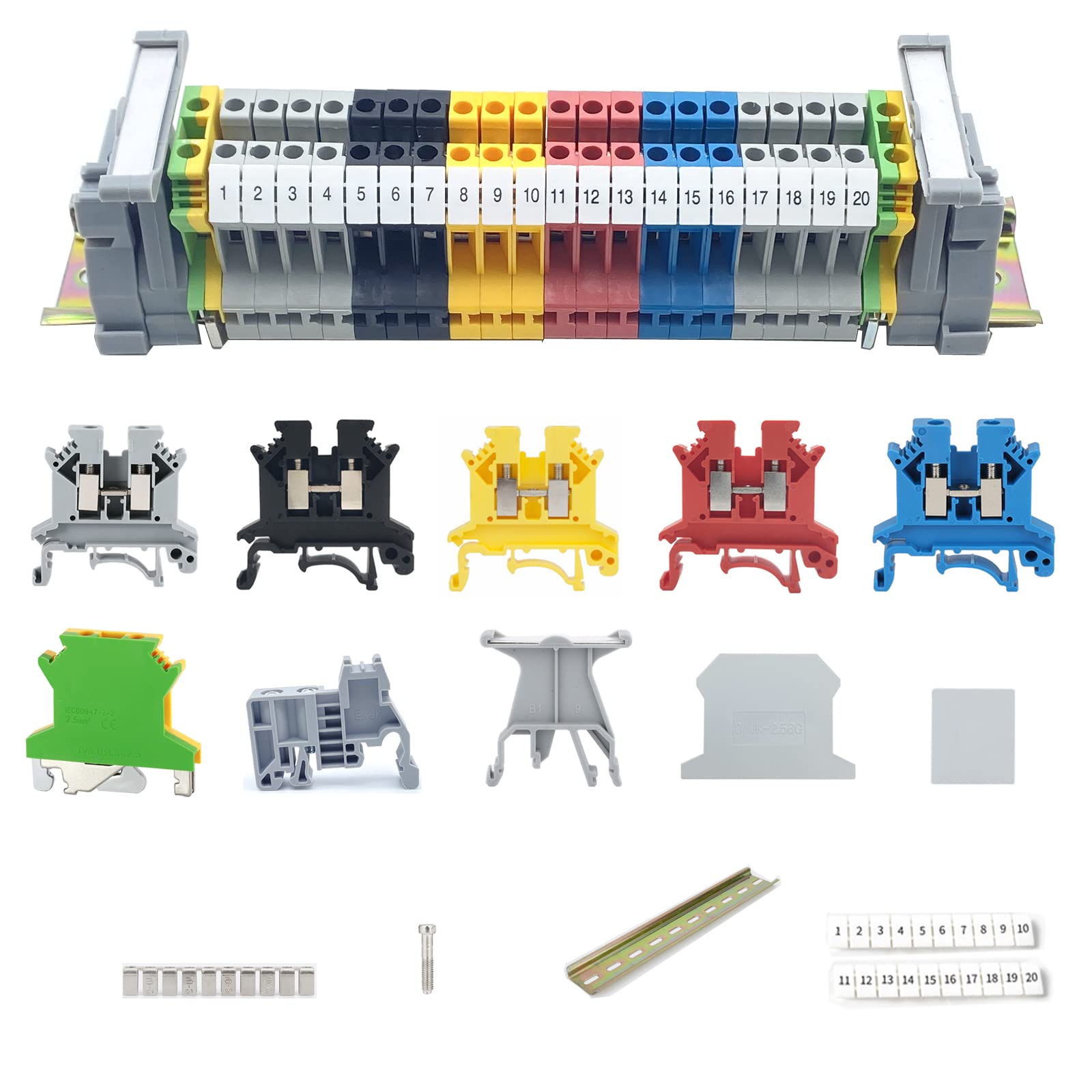 Photo 1 of Erayco DIN Rail Terminal Block Kit 20 UK2.5B 12 AWG Gauge Terminal Blocks 20A 600V Ground Blocks Fixed Bridge Jumpers End Covers End Brackets