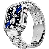SUPLINK Stainless Steel Case and Bands Compatible with Apple Watch Series 10 42mm Band/Apple Watch Series 11 42mm Band, Metal Rugged Protective Bumper Case for iWatch Bands Men, Silver