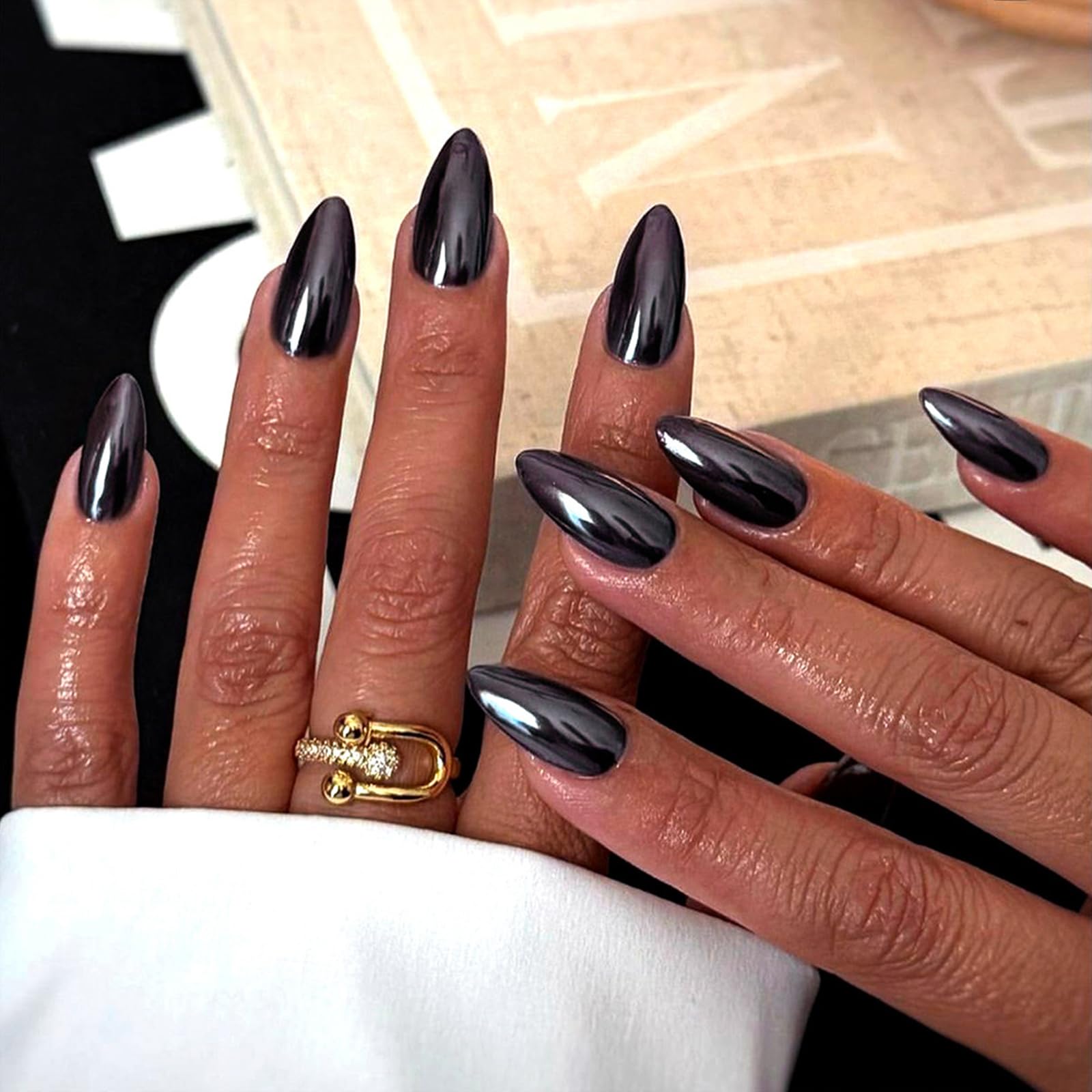 Photo 1 of Black Chrome Press on Nails Medium Almond Fake Nails Metallic Mirror Gray Black False Nails Punk Metal Glossy Glue on Nails Full Cover Acrylic Nail Reusable Stick on Nail for Women 24Pcs