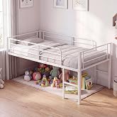 KOMFOTT Twin Size Low Loft Bed, Heavy Duty Metal Bed Frame with Safety Guardrails &amp; 2 Ladders, Space Saving Loft Bed with Under-Bed Space for Kids Boys Girls Junior, No Box Spring Needed (White)