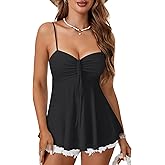 Rooscier Women's Spaghetti Strap Ruched Drawstring Sweetheart Neck Mesh Ruffle Cami Top Shirt