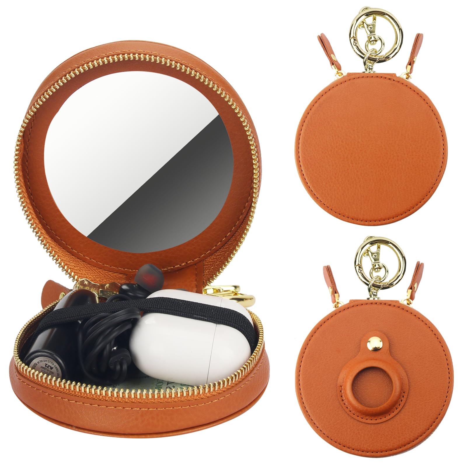 Photo 1 of Bocasal Coin Pouch Mini Lipstick Cosmetic Bag with Airtag Holder Mirror, Leather Zipper Travel Makeup Bag Organizer Keychain Ring Clasp for Keys Earbuds Earphone Lip Gloss Chapstick Women Girl (Brown)